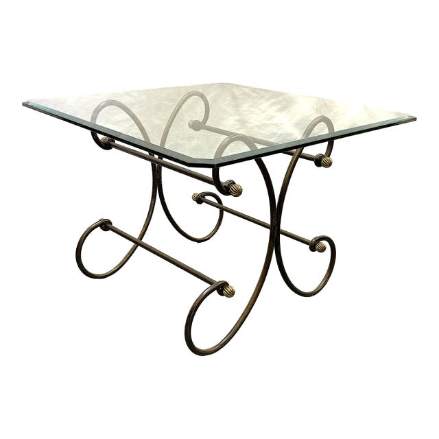 Vintage Scroll Wrought Iron and Brass Square Coffee Table With Beveled Glass Top For Sale
