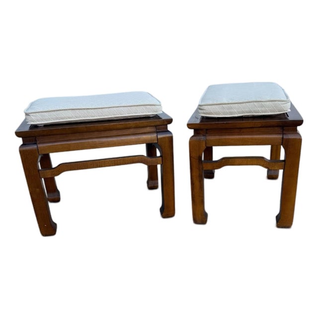 Pair of Vintage Asian-Style Wooden Stools / End Tables With Reversible Cushioned Tops, Circa 1970s–1980s For Sale