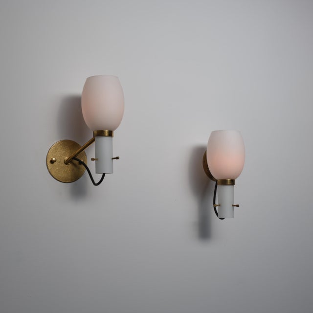 1950s Italian Brass Wall Sconces with Opaline Glass Shades, 1950s, Set of 2 For Sale - Image 5 of 11