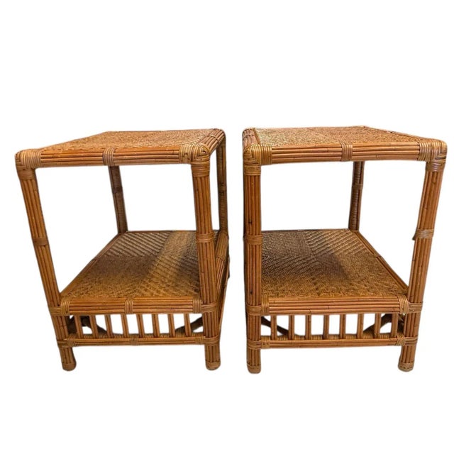 Pair of Tiki Side Tables. Pencil Reed and Cane For Sale - Image 4 of 12