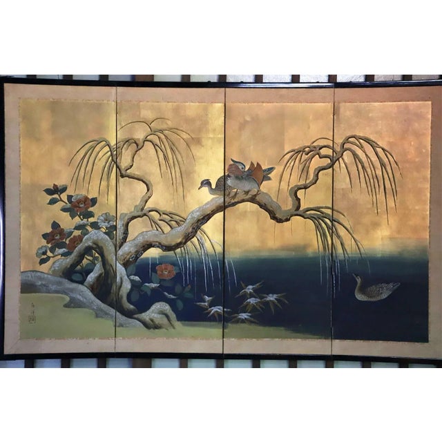 Vintage Japanese Four Panel Byobu Screen: Mandarin Ducks by Snowy Pond in Early Spring For Sale - Image 4 of 12