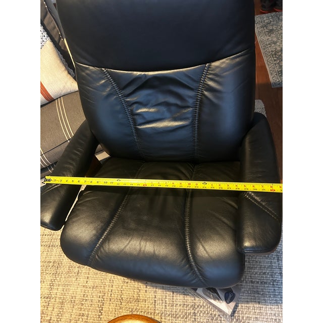 Ekornes Stressless Black Leather Recliner and Ottoman With Wood Base For Sale - Image 12 of 13