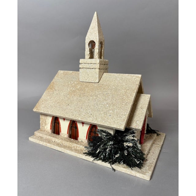 1940s Vintage Mica Putz Christmas Church Music Box With Bottle Brush Trees, C. 1940s–1950s For Sale - Image 5 of 11