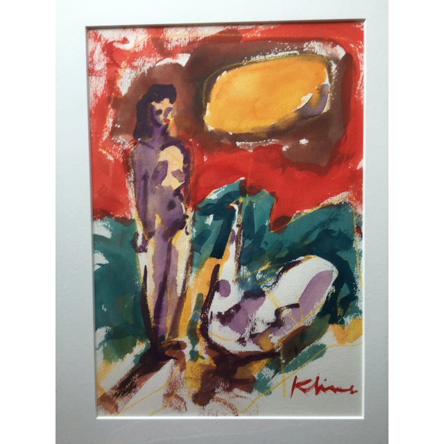 1990s Expressionist Style Figurative Watercolor Painting Signed Howard Kline, Framed For Sale - Image 4 of 7