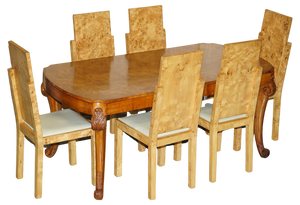 Vintage Art Deco Burr Walnut Ornately Carved Dining Table and Chairs, Set of 7
