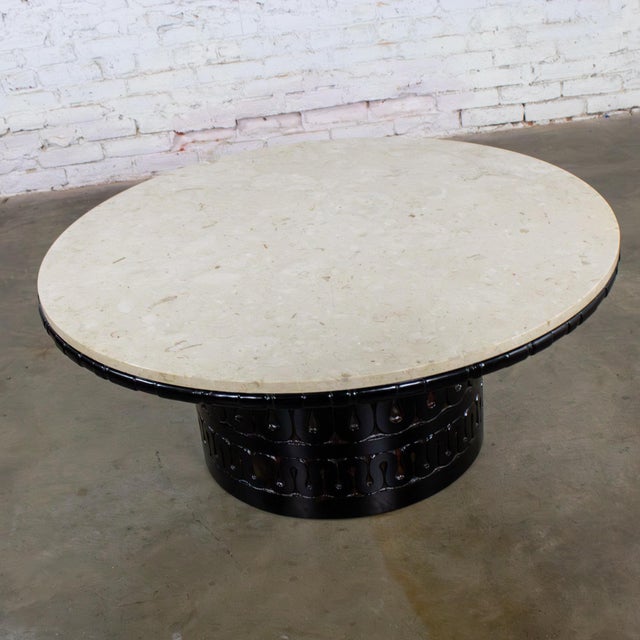Brutalist Mid-20th Century Brutalist Heirloom Coffee Table by Weiman Carved Pedestal Base Ivory Marble Top For Sale - Image 3 of 18
