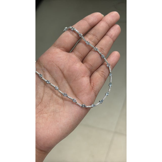 4.29ct Natural Aquamarine & 1.11ct Diamond Tennis Necklace in 14k White Gold For Sale In New York - Image 6 of 16