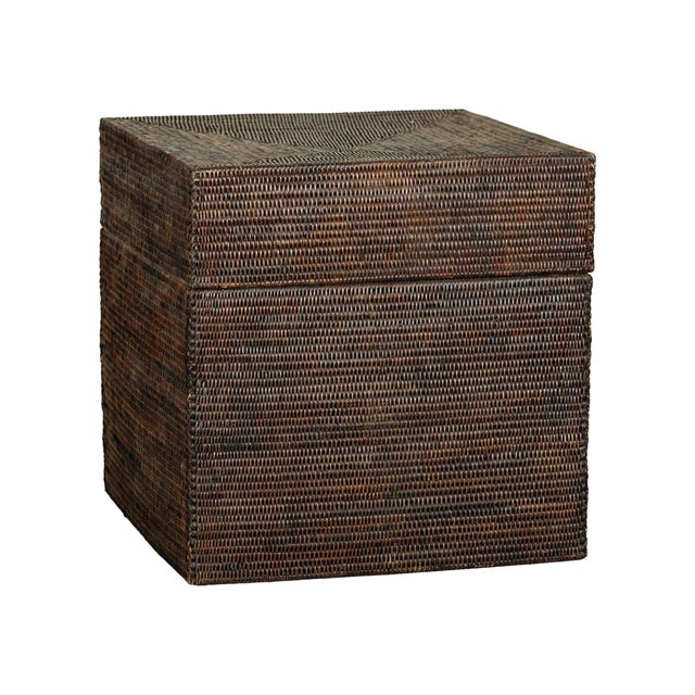 Vintage Square Dark Brown Rattan Basket with Removable Lid and Patterns For Sale - Image 14 of 18