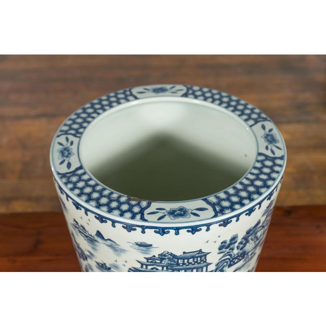 Chinese Vintage Porcelain Cache-Pot Planter with Blue and White Landscape For Sale - Image 9 of 13