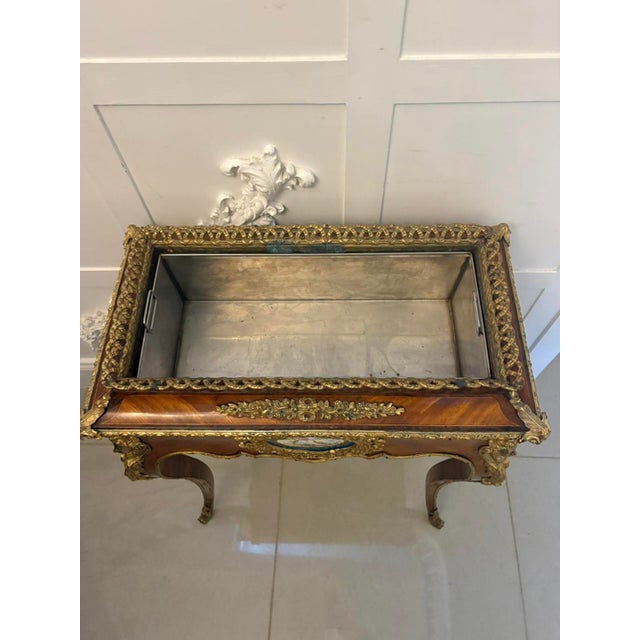 Ceramic Antique French Victorian Ormolu Mounted Kingwood Jardiniere Stand with Porcelain Plaque, 1860 For Sale - Image 7 of 17