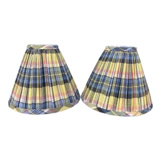 Madras Plaid Shirred Lampshades - a Pair For Sale