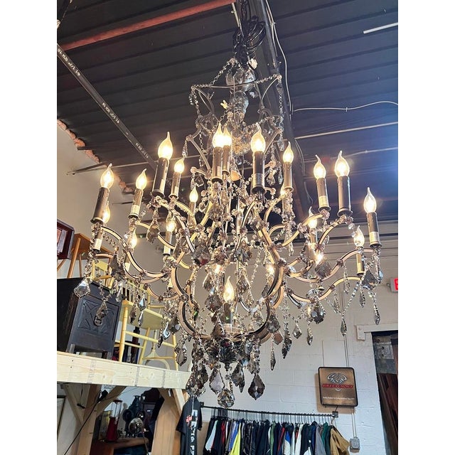 Traditional Large Vintage Smoke Crystal 24 Light Chandelier For Sale - Image 3 of 9