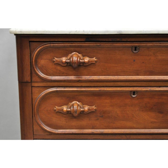 Brown Antique Eastlake Victorian Carved Walnut Marble Top Washstand Dresser W/ Mirror For Sale - Image 8 of 18