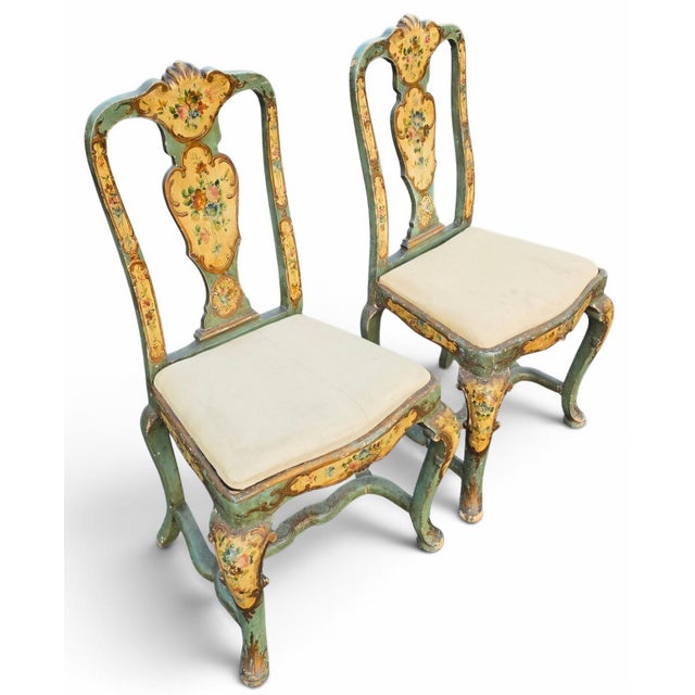 Rococo Antique Pair of Italian Venetian Rococo Revival Hand-Painted Polychrome and Parcel-Gilt Side Chairs With Floral Decoration, Circa 1920 For Sale - Image 3 of 13
