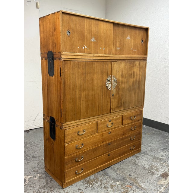 Japanese Japanese Kiri Wood Tansu With Mother of Pearl Inlaid Art Work For Sale - Image 3 of 12