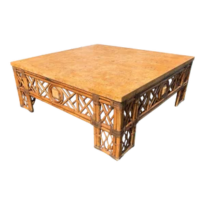 Late 20th Century Vintage Bamboo & Rattan Chinoiserie Fretwork Faux Marble Top Coffee Table