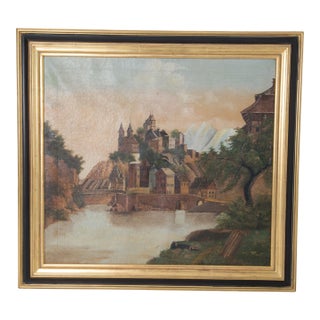French Oil Painting of Castle on a Hill, Early 20th Century, Framed For Sale
