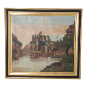 French Oil Painting of Castle on a Hill, Early 20th Century, Framed