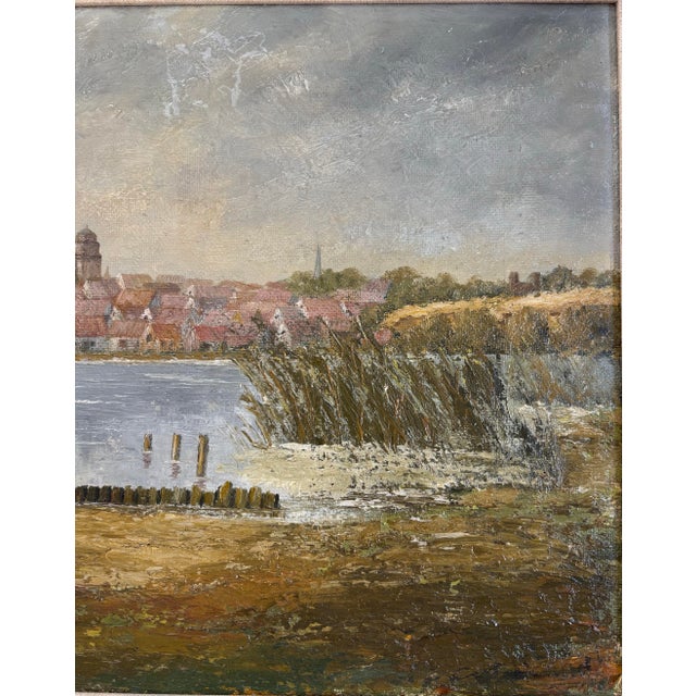 Vintage European Coastal Landscape Oil Painting | Framed Harbor Village Seascape For Sale - Image 10 of 10