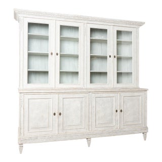 19th Century Large White Gustavian Style Pine Bookcase Display Cabinet With Glass Doors For Sale