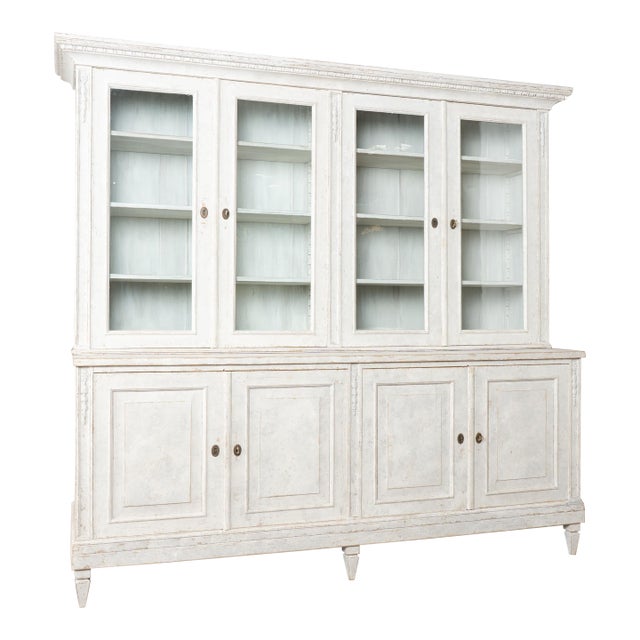 19th Century Large White Gustavian Style Pine Bookcase Display Cabinet With Glass Doors For Sale