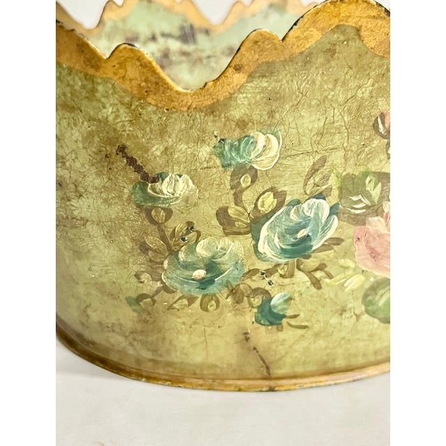 Vintage French Tole Cachepot With Hand-Painted Roses and Scalloped Rim For Sale - Image 12 of 15