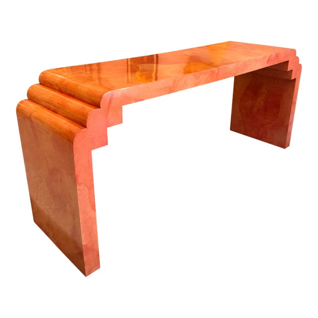 1980s Vintage Postmodern Faux Goatskin Orange Lacquer Console Table For Sale