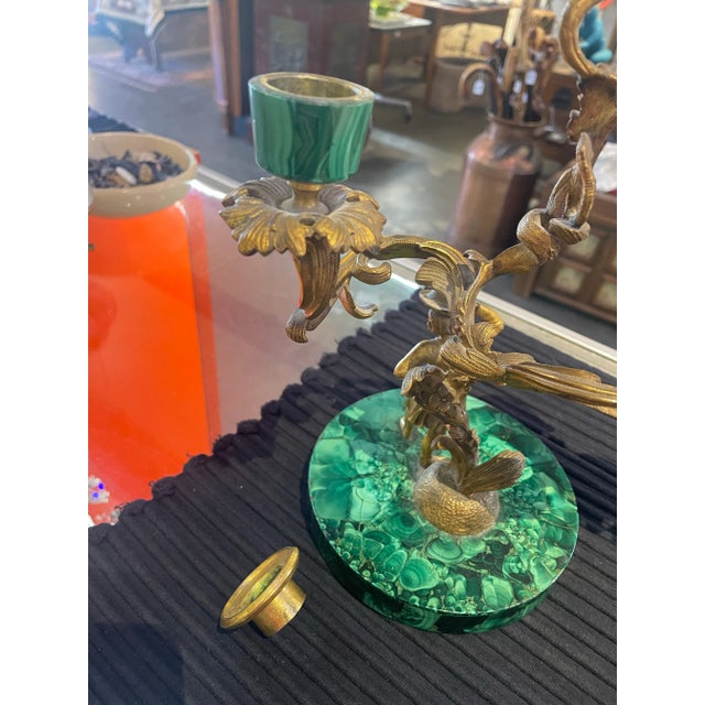 Antique Gilded Bronze & Malachite Figural Man & Lady Candelabras- a Pair For Sale - Image 4 of 11