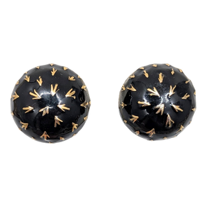 Vintage 1980s Signed Ciner Round Domed Goldtone & Black Enamel Clip Earrings-2 Pieces