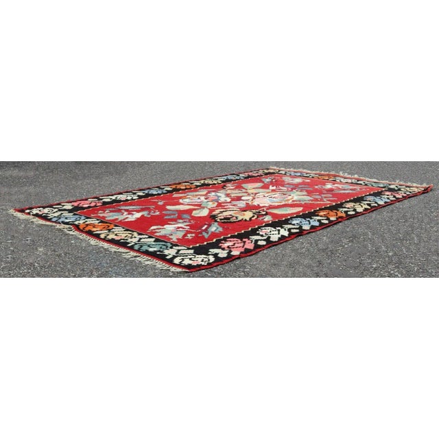 Mid 20th Century Mid Century Modern Kilim Wool Area Rug Red Hand Made in Turkey Floral Pattern For Sale - Image 5 of 9