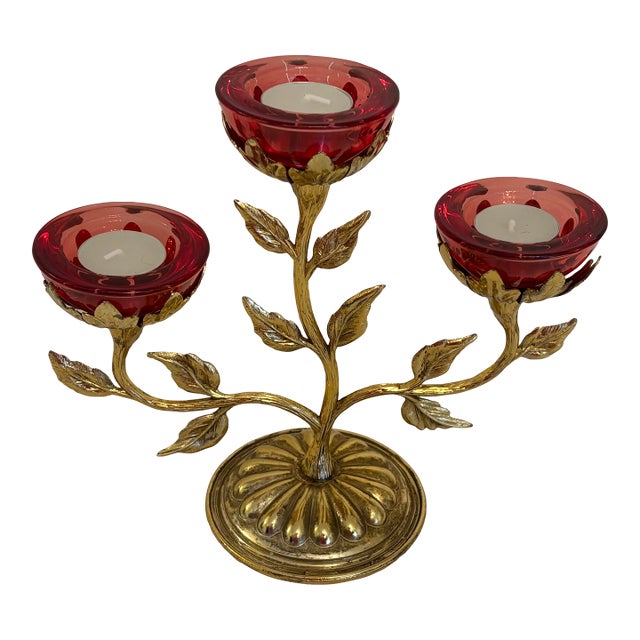 1960s Hollywood Regency Candelabra With 3 Red Candle Holders and Tea Candles For Sale