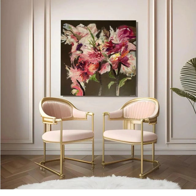 "Jardin Passionate" is a large abstract modern floral painting. It's a lively, rose-and-pink abstract filled with the...