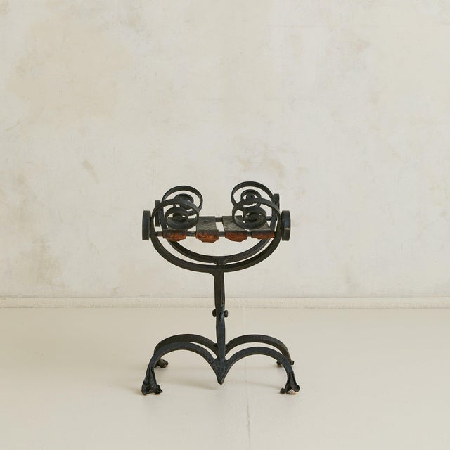 Vintage Spanish Brutalist Wrought Iron + Tooled Leather Folding Stool For Sale - Image 14 of 18