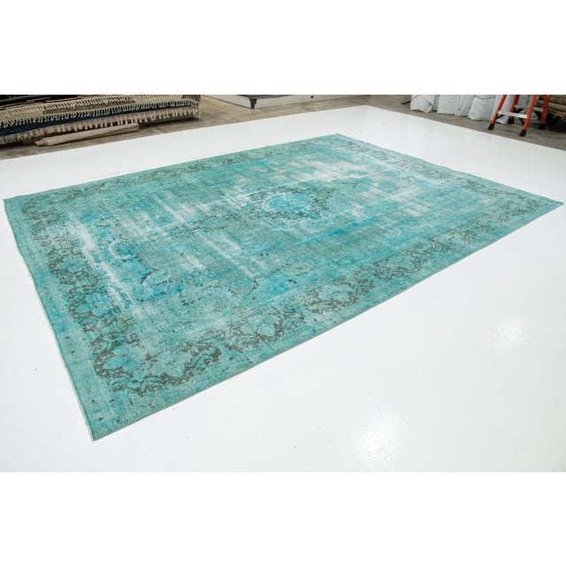 1930s Turquoise Antique Overdyed Persian Wool Rug With Medallion Motif For Sale - Image 5 of 10