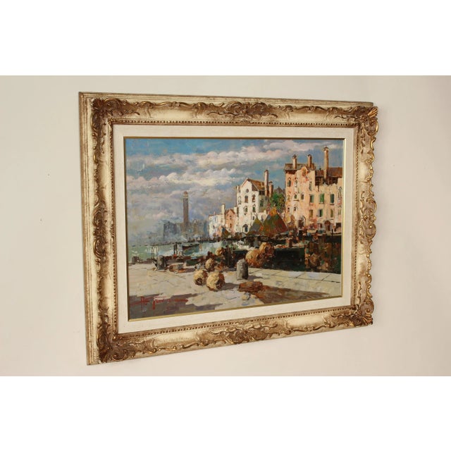 Colorful impressionist painting of a dock and surrounding buildings by Italian artist Antonio Gravina (born 1934), painted...