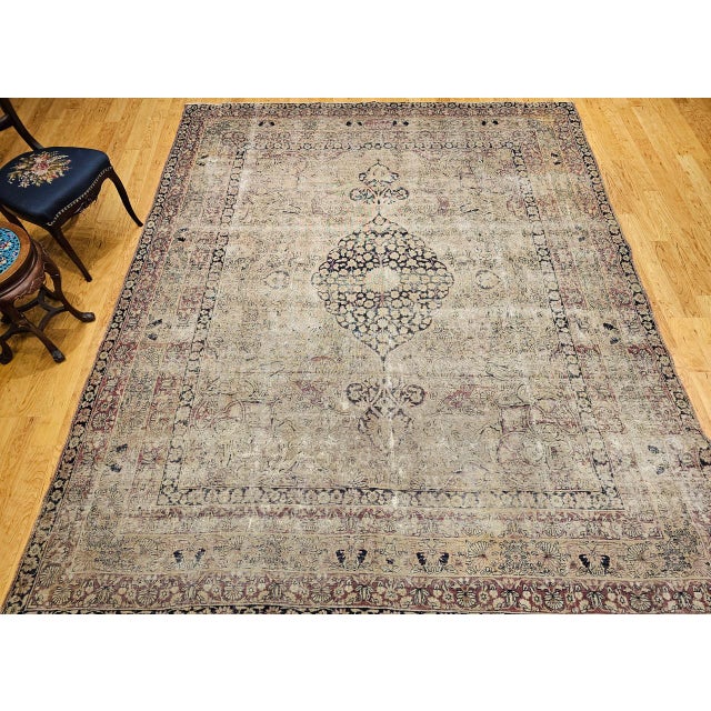 19th Century Persian Kerman Lavar Rug, Hand-Knotted Wool, Floral Pattern, Ivory & Black, 9x10 For Sale - Image 10 of 18