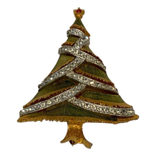 Jj Vintage Enameled Christmas Tree Brooch Adorned With Clear Sparkling Rhinestones- Textured Festive Holiday Tree Pin- Vintage Jewelry For Sale