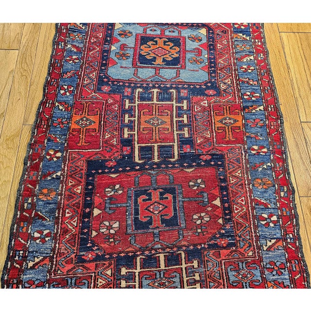 Red Antique Northwest Persian Runner Rug, Hand-Knotted Wool, Geometric Medallions Pattern, 3x10, Blue & Red For Sale - Image 8 of 15
