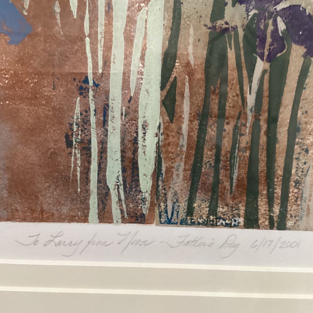 Abstract Original Art Multicolor Print “ Wild Iris C “ by Judith Hilmer Circa 2001 Framed Glass Matted For Sale - Image 11 of 12