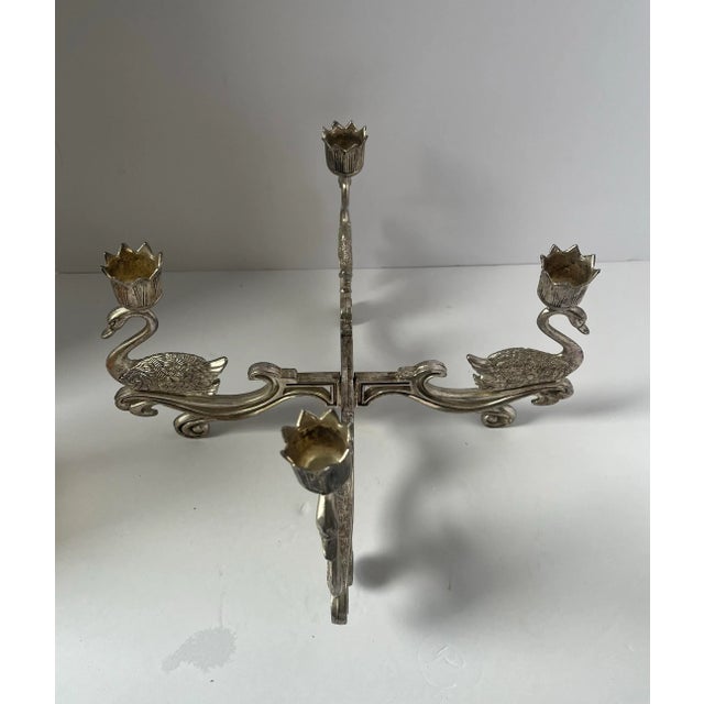 Mid-Century Modern Mid 20th Century Vintage Silver Plated Four Arm Swan Figurine Candelabra Candle Holder Great Britain For Sale - Image 3 of 8