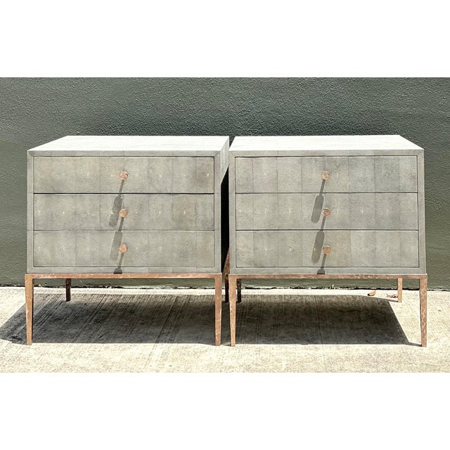 Vintage Shagreen Nightstands on Brass Base - Pair For Sale - Image 4 of 14