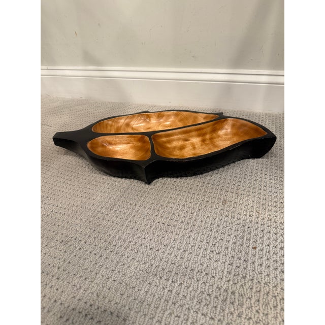 Three Section Carved Wood Decorative Bowl For Sale - Image 4 of 7