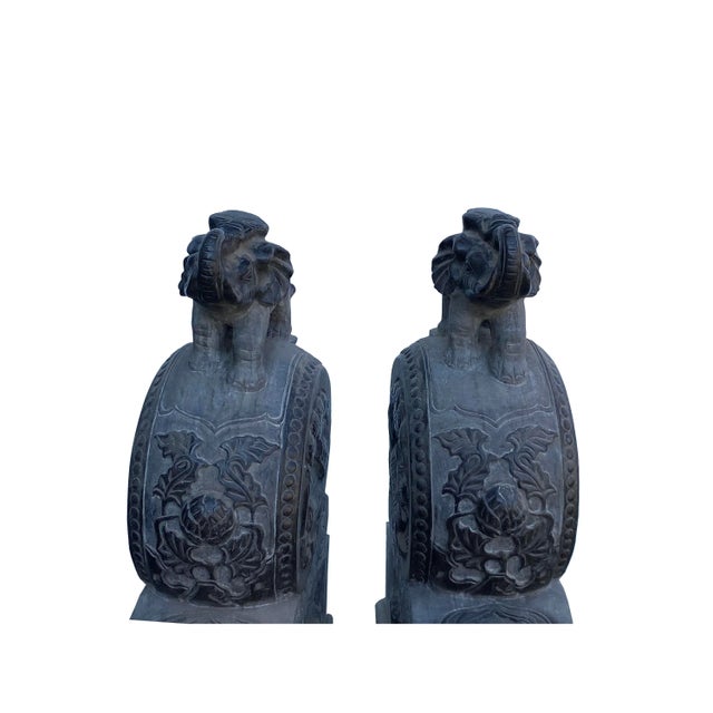 Greige Chinese Pair Black Gray Stone Fengshui Elephant Drum Statues For Sale - Image 8 of 9