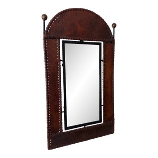Vintage Hand-Stitched Leather Mirror With Brass Finials | Greek Modernist, Circa 1960s–1970s For Sale