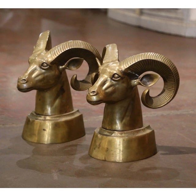 Mid 20th Century Pair of Vintage French Gilt Brass Ram Head Sculptures For Sale - Image 5 of 9