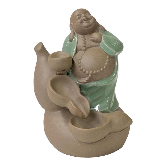 Chinese Oriental Ceramic Happy Buddha on a Gourd Figure For Sale