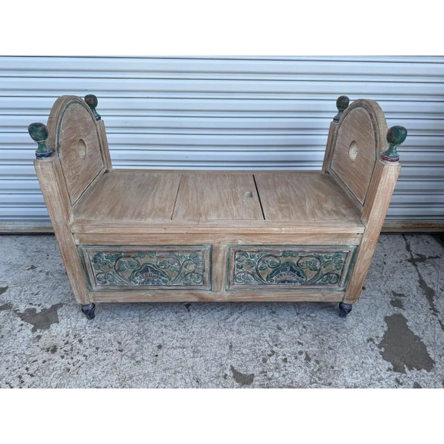 This Dowery Chest holds dual purposes. It also serves as a bench. The inside is made of cedar. The outer is hand painted ....