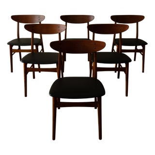 Vintage Danish Dining Chairs in Teak and Black Skai, 1960s, Set of 6 For Sale