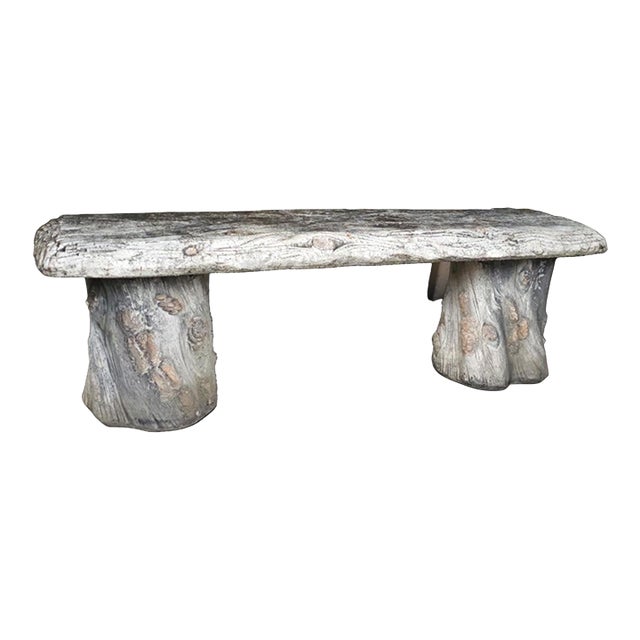 Vintage Faux Bois Concrete Garden Bench – Sculptural Tree Stump Form, 54″ For Sale