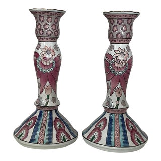 1980s Vintage Chinoiserie Hand Painted Pastel Candleholders- a Pair For Sale